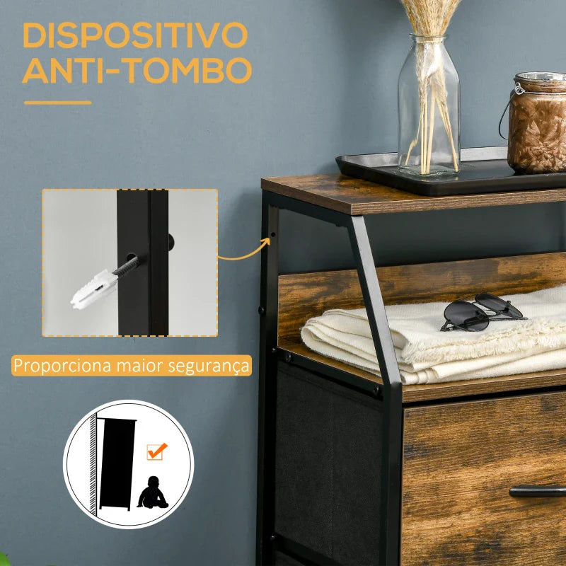 Cómoda com 3 Gavetas de Tecido Dobrável e Prateleira Aberta Móvel de Armazenamento para Escritório Dormitório Estilo Industrial Anti-Tombo 44x29x92cm Marrom Rústico