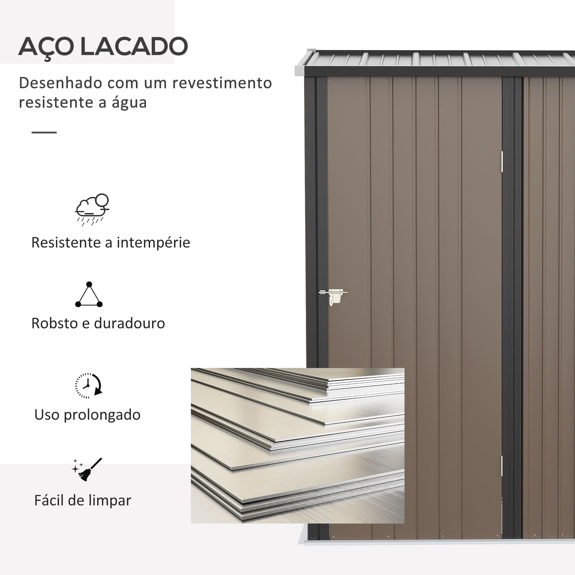 Abrigo de Jardim 1,34m² 161,5x94,5x196cm Abrigo de Exterior de Aço Galvanizado com Porta e Fechadura para Armazenamento de Ferramentas Marrom