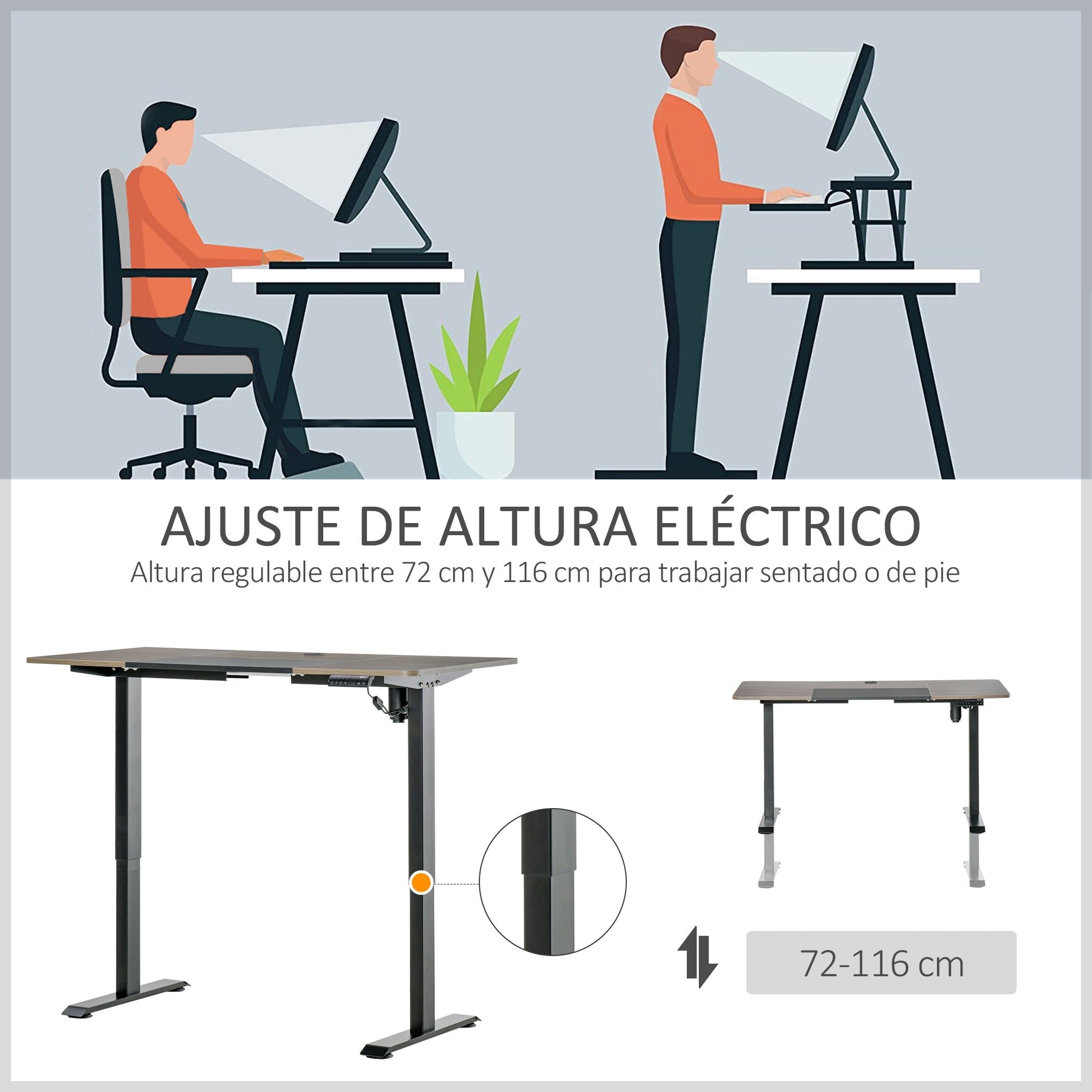 Secretária Elétrica de Pé com Ajuste Elétrico de Altura e 4 Teclas de Memória para Casa Escritório 140x70x72-116 cm Preto e Natural