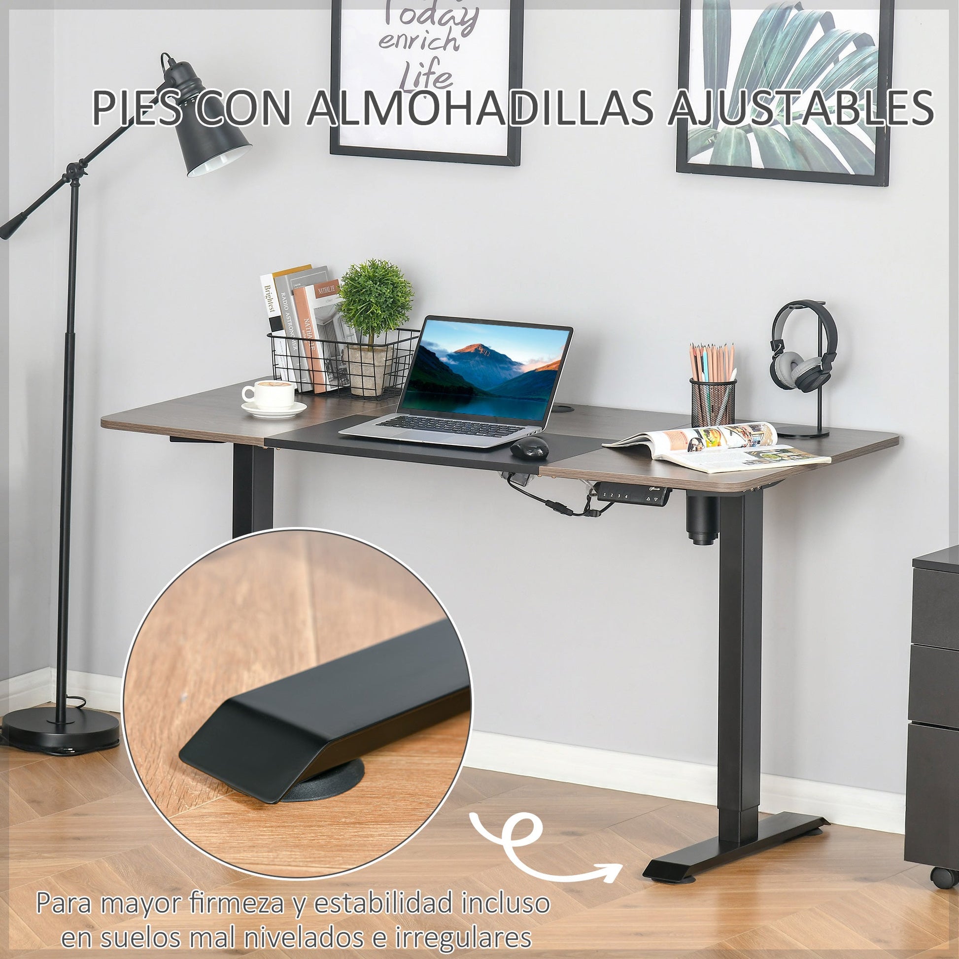Secretária Elétrica de Pé com Ajuste Elétrico de Altura e 4 Teclas de Memória para Casa Escritório 140x70x72-116 cm Preto e Natural