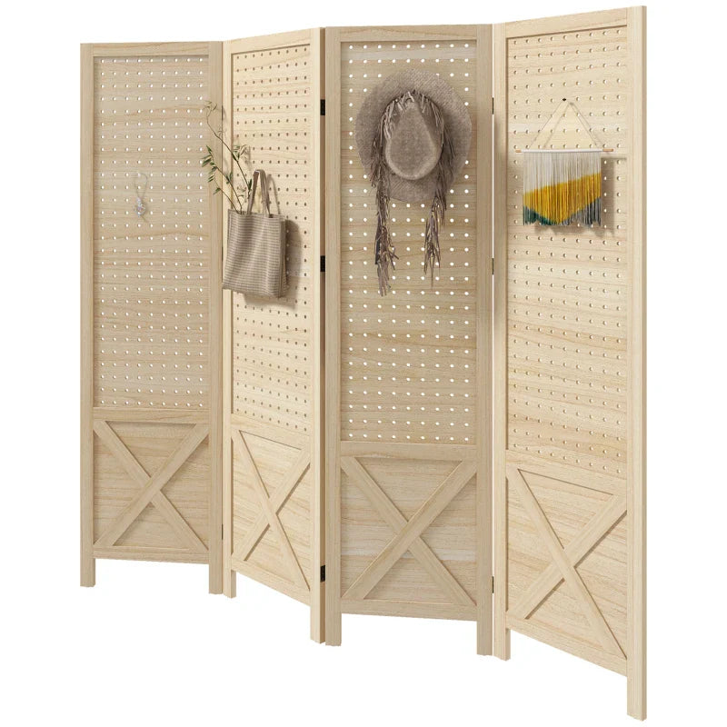 Biombo de 4 Painéis Separador de Ambientes Dobrável 152x1,7x144,5 cm Divisor de Habitações Painéis com Orifícios para Pendurar para Escritório Dormitório Sala de Estar Madeira