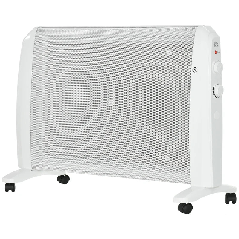 Aquecedor Elétrico 1000W/2000W Aquecedor de Mica com 2 Níveis de Potência Termostato Regulável e 4 Rodas para Ambientes de 15-20 m² Silencioso 79x27x54 cm Branco