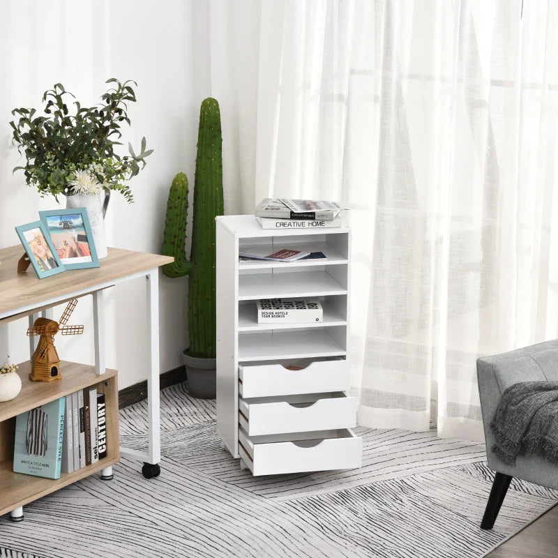 Móveis auxiliares para escritório Estudo Grande espaço de armazenamento com 3 gavetas 4 prateleiras abertas 4 rodas 40x30x83 cm Branco