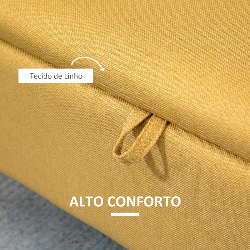 Banco de Armazenamento Estofado em Linho com Tampa Abatível e Pés de Aço para Dormitório Sala de Estar Entrada Carga Máxima 150kg 101x38,5x44,5 cm Amarelo