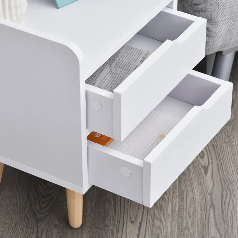 Mesa lateral de cabeceira multiuso para sala de estar ou quarto com 2 gavetas espaçosas Pernas de pinho elevado Design moderno 33x28x42cm Branco