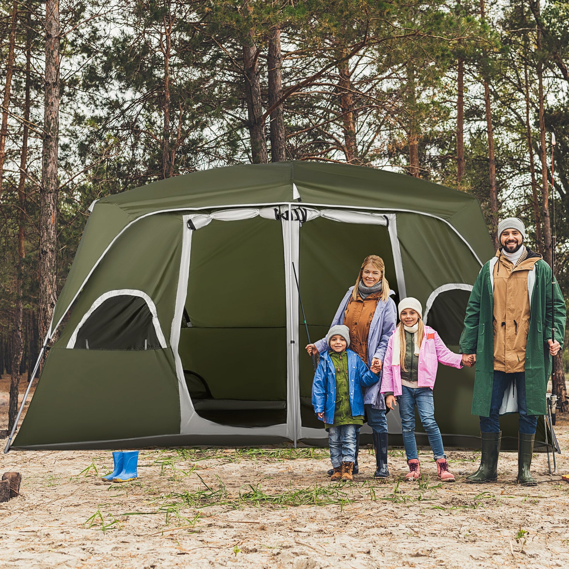 Tenda de Campismo Familiar para 4-5 Pessoas com 2 Quartos Tenda de Campismo Grande com 2 Bolsos e Janelas com Malha Impermeável 400x275x210 cm Verde