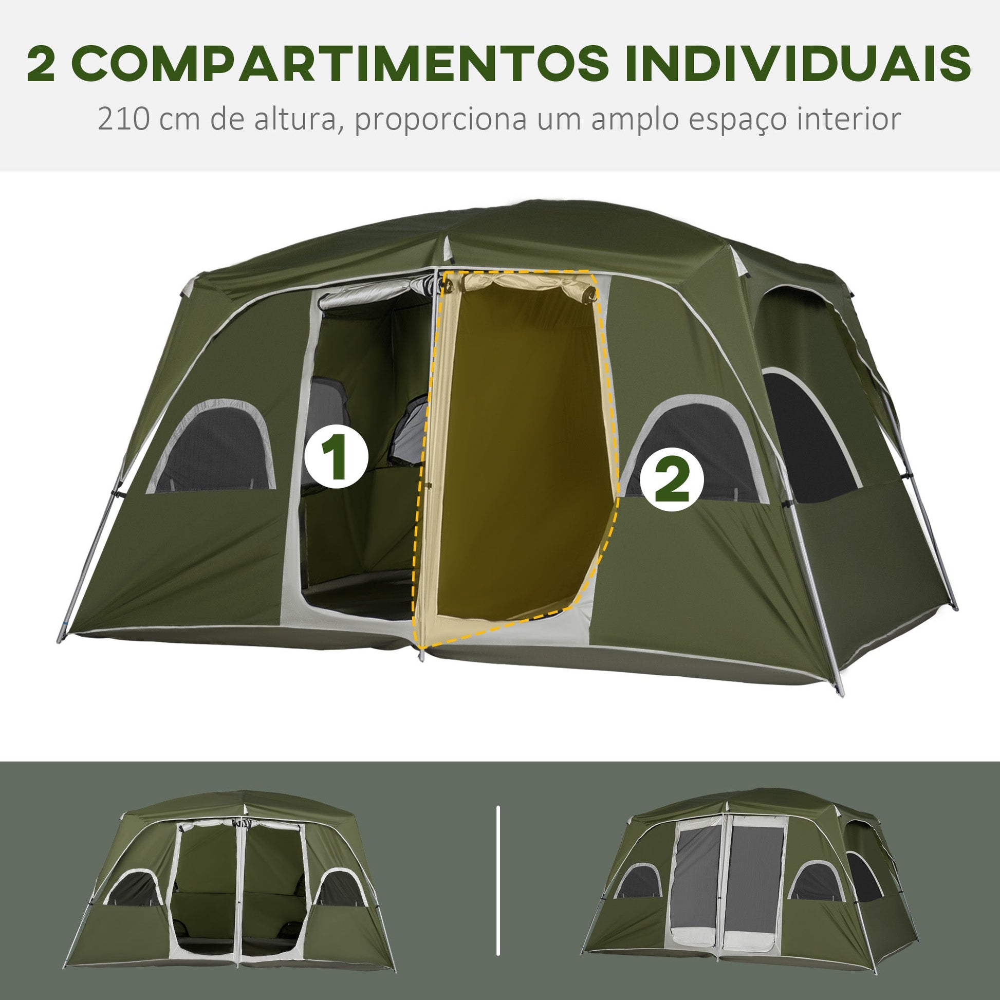 Tenda de Campismo Familiar para 4-5 Pessoas com 2 Quartos Tenda de Campismo Grande com 2 Bolsos e Janelas com Malha Impermeável 400x275x210 cm Verde