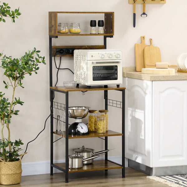 Estante de Cozinha Estante para Micro-Ondas Móvel Auxiliar de Cozinha com Ficha 2 Carregadores USB 5 Ganchos e Prateleira Ajustável 60x42x153 cm Marrom Rústico
