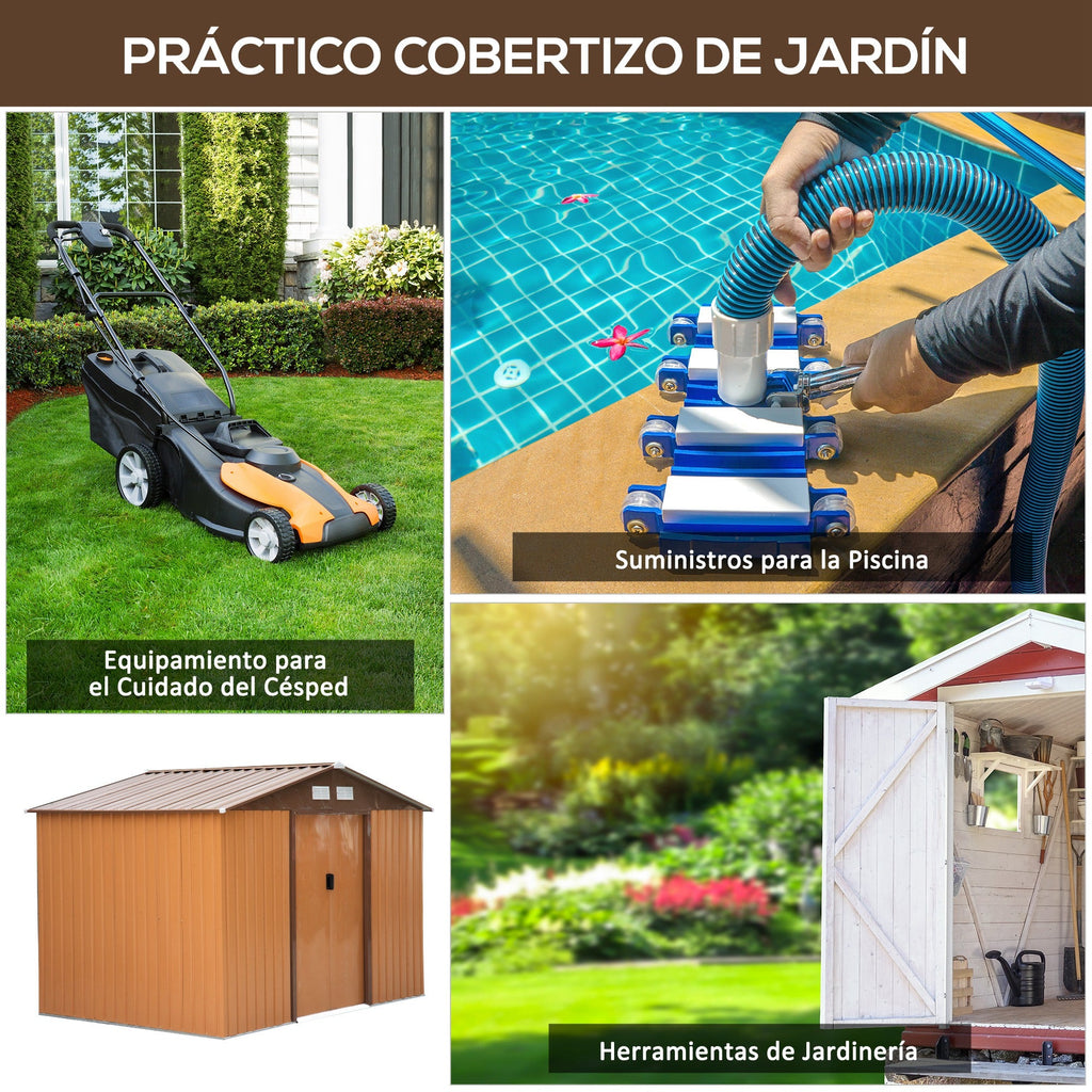 Abrigo de Jardim Exterior 4,83m² 277x195x192cm Abrigo de Jardim Metálico para Armazenamento de Ferramentas com Base de Reforço Incluída e 4 Janelas Marrom