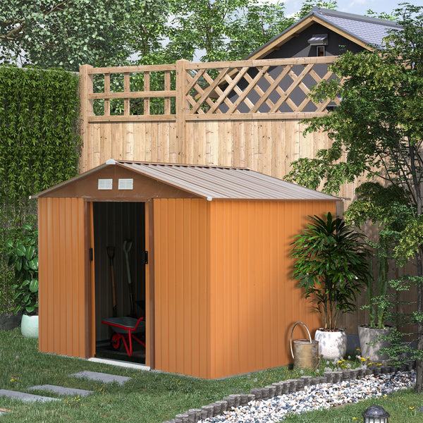 Abrigo de Jardim Exterior 4,83m² 277x195x192cm Abrigo de Jardim Metálico para Armazenamento de Ferramentas com Base de Reforço Incluída e 4 Janelas Marrom