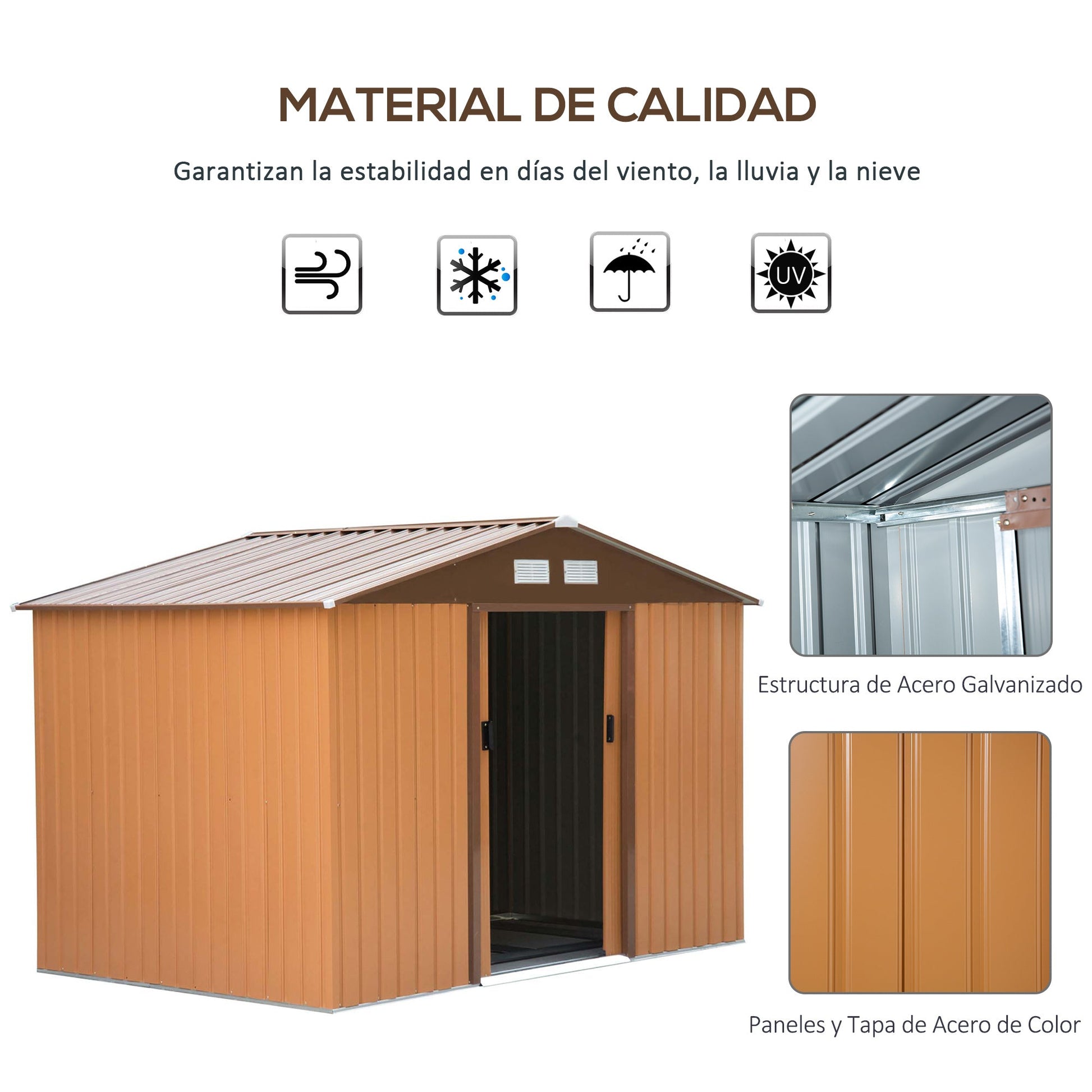 Abrigo de Jardim Exterior 4,83m² 277x195x192cm Abrigo de Jardim Metálico para Armazenamento de Ferramentas com Base de Reforço Incluída e 4 Janelas Marrom