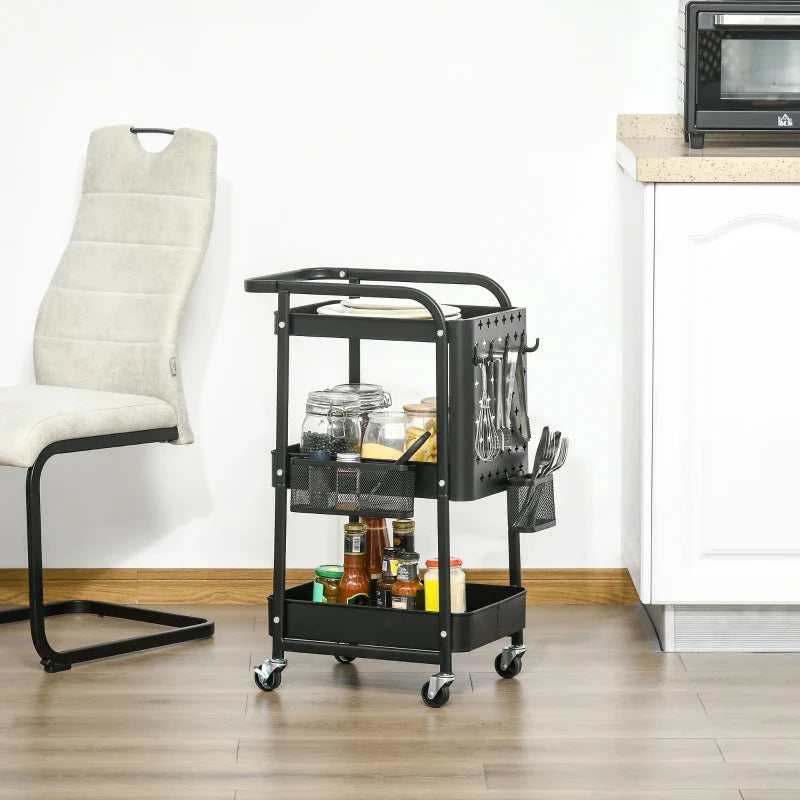 Carrinho de Cozinha com Rodas Carrinho de Armazenamento de 3 Níveis com 4 Ganchos 2 Cestas Alça de Transporte e Rodas com Freio para Casa de Banho Escritório Dormitório 51,5x32x75,6cm Preto