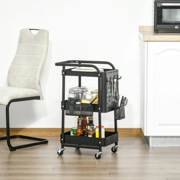 Carrinho de Cozinha com Rodas Carrinho de Armazenamento de 3 Níveis com 4 Ganchos 2 Cestas Alça de Transporte e Rodas com Freio para Casa de Banho Escritório Dormitório 51,5x32x75,6cm Preto