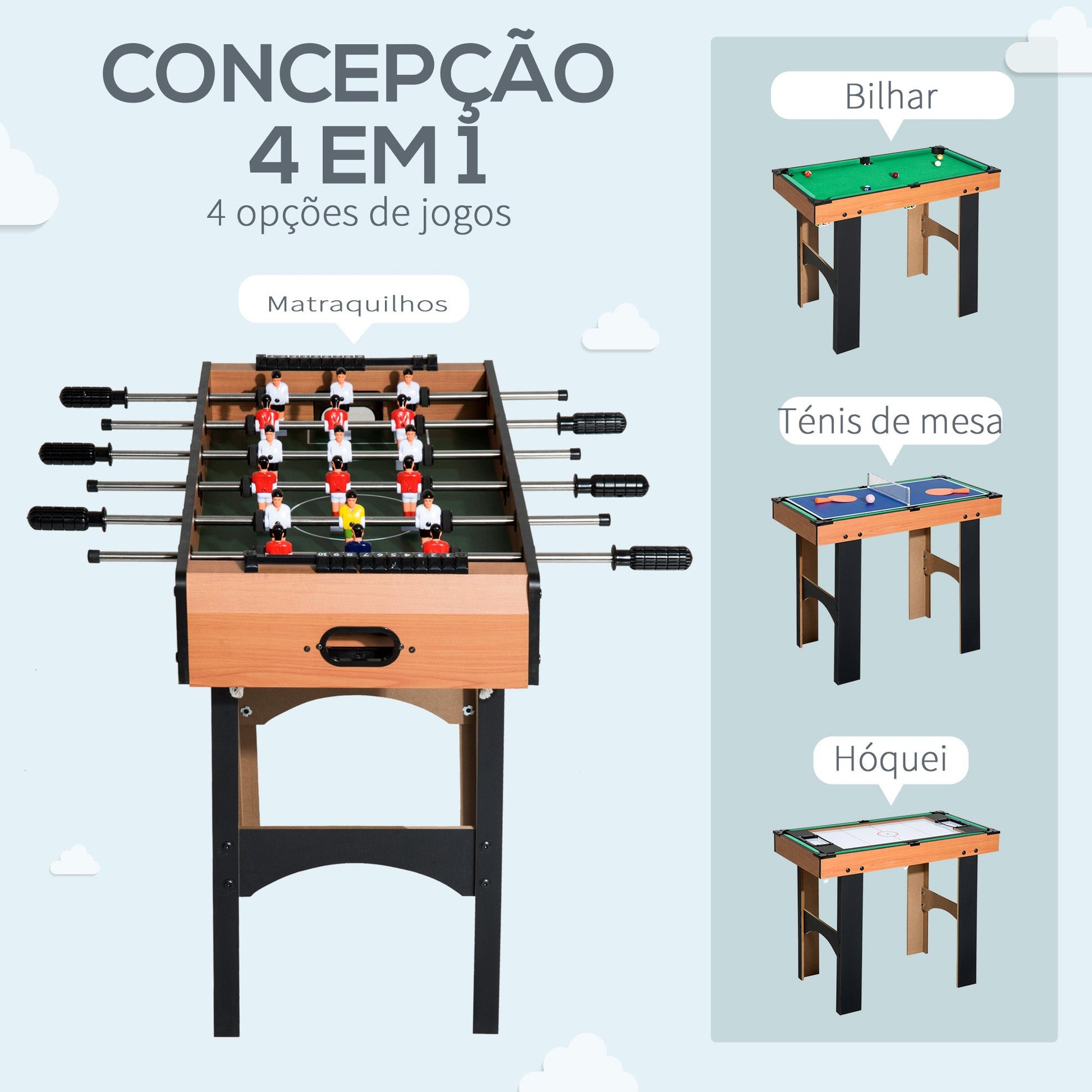 Mesa Multi-Jogos 4 em 1 Mesa de Jogos para Crianças acima de 6 Anos Matraquilho para Crianças Mesa de Bilhar Mesa de Ping-Pong e Hóquei de Mesa 87x43x73 cm Madeira e Preto