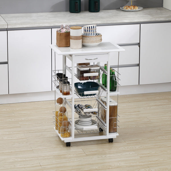 Carrinho de Cozinha com Rodas Carrinho de Cozinha com Bancada Gaveta 4 Cestas de Metal e 4 Suportes para Temperos Laterais para Cozinha 57x37x83cm Branco