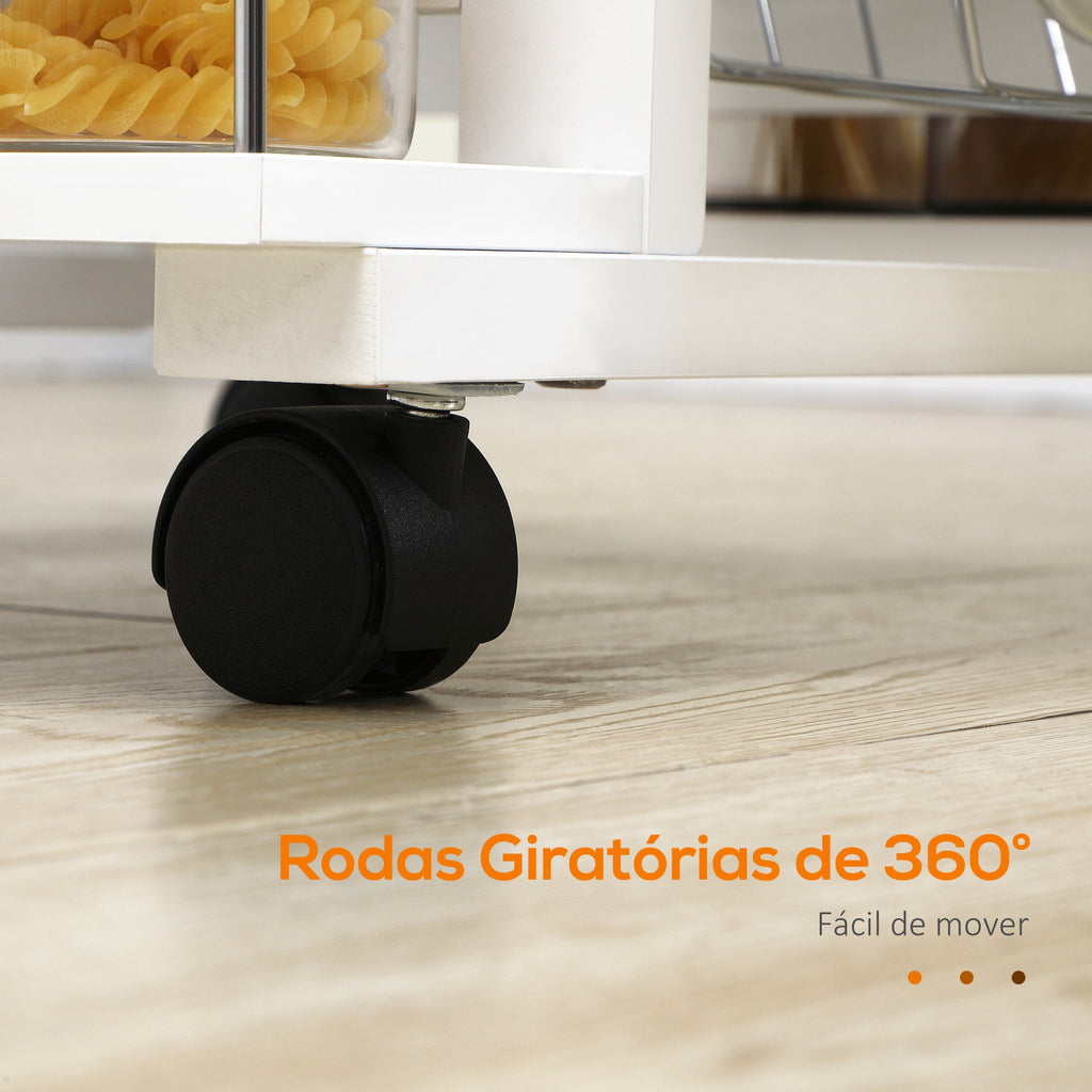 Carrinho de Cozinha com Rodas Carrinho de Cozinha com Bancada Gaveta 4 Cestas de Metal e 4 Suportes para Temperos Laterais para Cozinha 57x37x83cm Branco