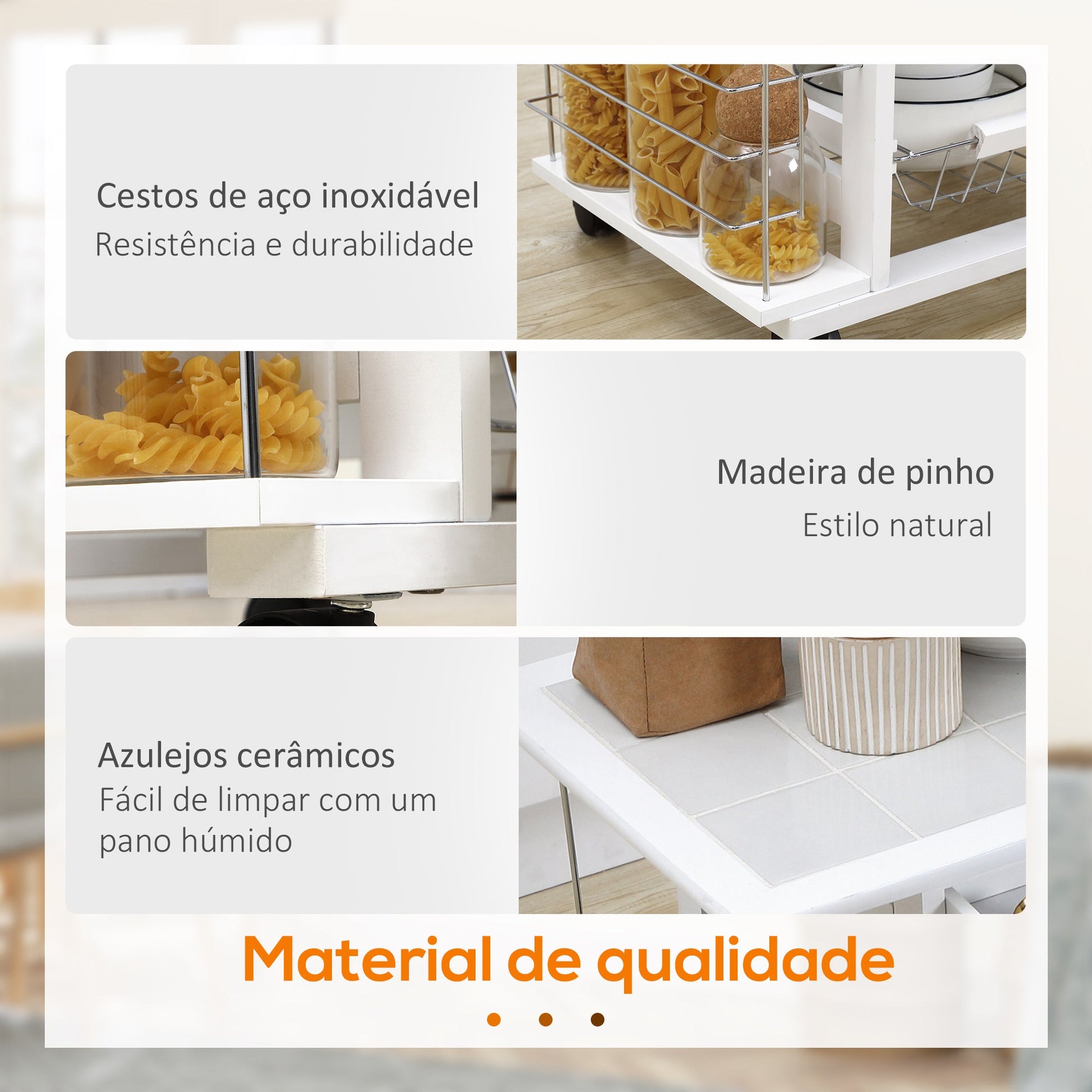Carrinho de Cozinha com Rodas Carrinho de Cozinha com Bancada Gaveta 4 Cestas de Metal e 4 Suportes para Temperos Laterais para Cozinha 57x37x83cm Branco