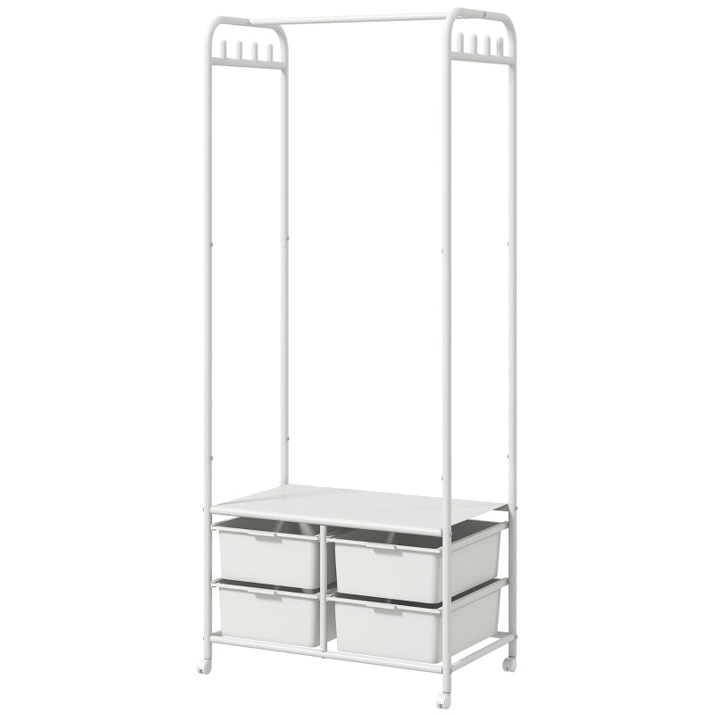 Charriot com Sapateiro Moderno 8 Ganchos e 4 Cestos para Armazenamento Charriot de Entrada com Rodas e Estrutura de Aço para Sala de Estar Dormitório Corredor 63x37x153 cm Branco