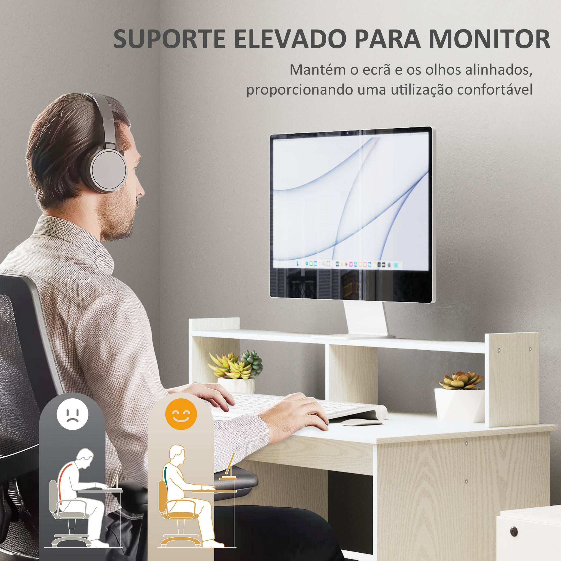 Secretária Moderna com Prateleiras Secretária com Compartimentos Abertos e Suporte para Monitor Mesa de Estudo para Dormitório Escritório 108x50x94 cm Creme