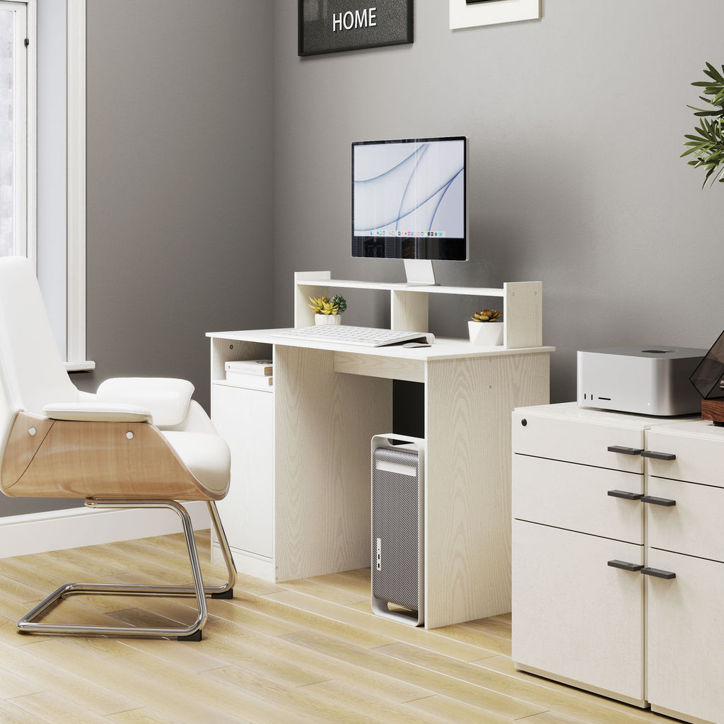 Secretária Moderna com Prateleiras Secretária com Compartimentos Abertos e Suporte para Monitor Mesa de Estudo para Dormitório Escritório 108x50x94 cm Creme