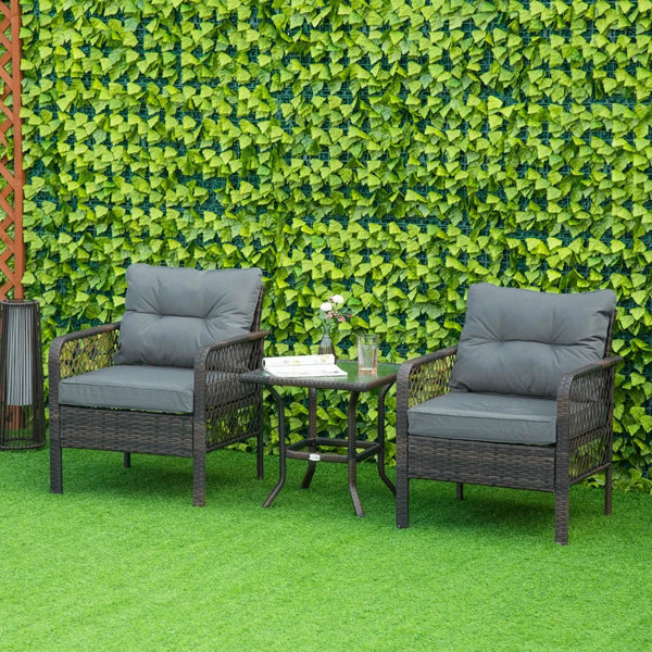 Conjunto Móveis de Vime 3 Peças de Jardim 2 Poltronas 65x66x75cm e 1 Mesa 50x50x50cm de Vidro Temperado com Almofadas Acolchoadas para Terraço Pátio Marrom