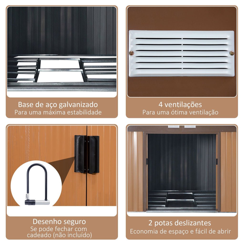 Abrigo de Jardim Metálico 340x386x200cm Abrigo de Exterior para Armazenamento de Ferramentas com Base de Reforço Incluida 4 Janelas de Ventilação e Porta Corredeira Marrom
