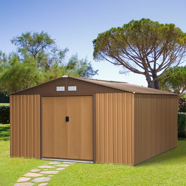 Abrigo de Jardim Metálico 340x386x200cm Abrigo de Exterior para Armazenamento de Ferramentas com Base de Reforço Incluida 4 Janelas de Ventilação e Porta Corredeira Marrom