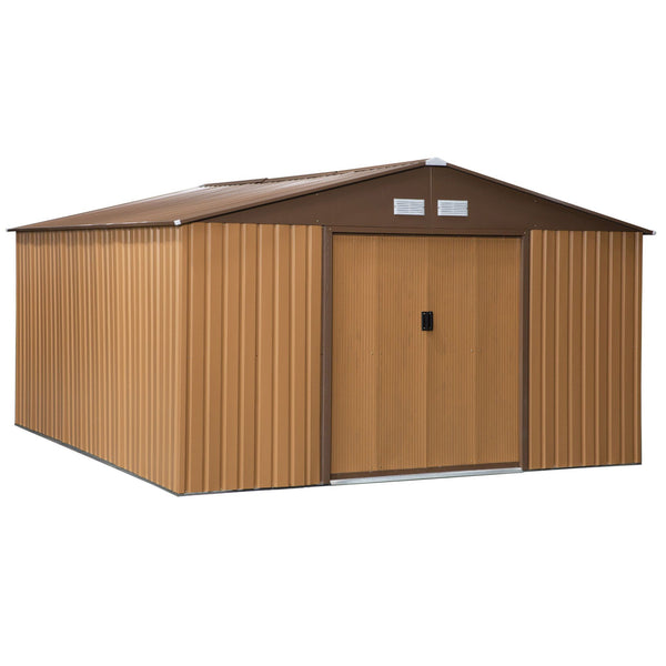Abrigo de Jardim Metálico 340x386x200cm Abrigo de Exterior para Armazenamento de Ferramentas com Base de Reforço Incluida 4 Janelas de Ventilação e Porta Corredeira Marrom