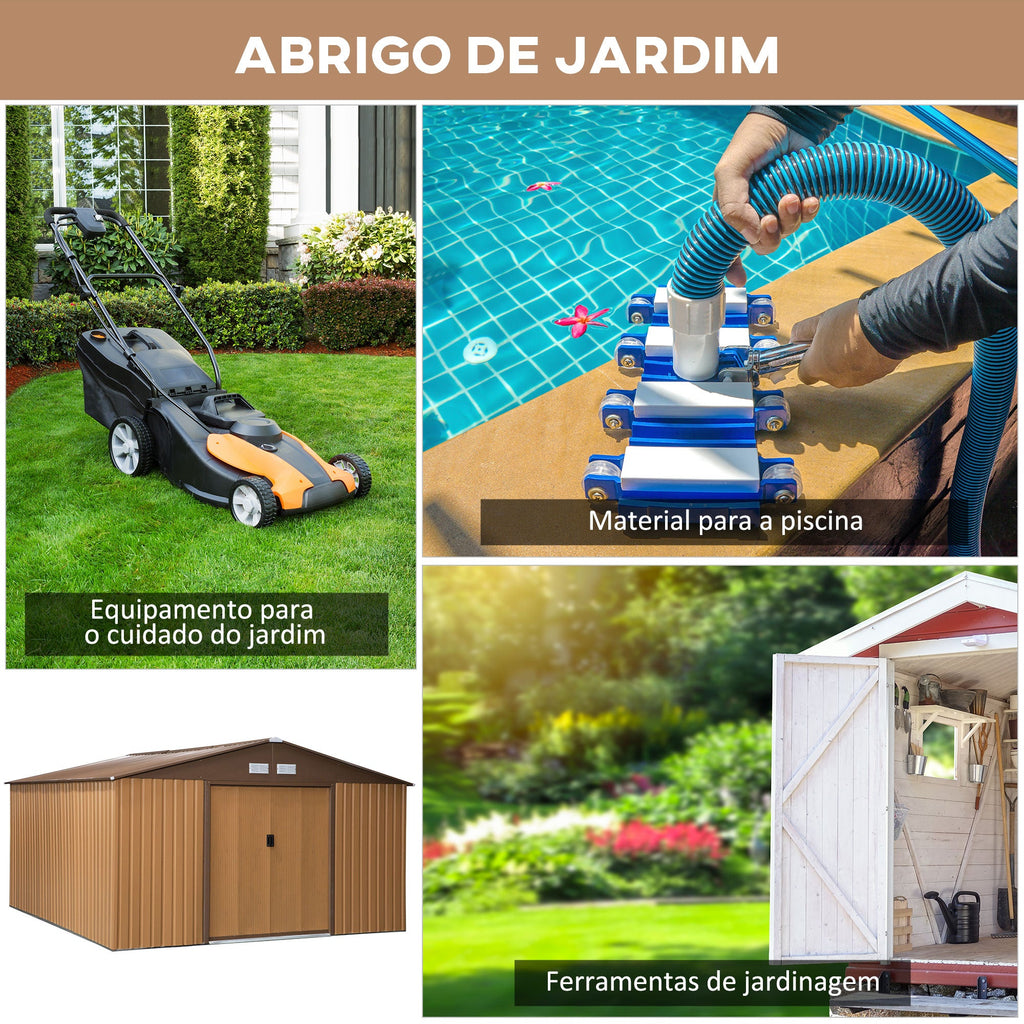 Abrigo de Jardim Metálico 340x386x200cm Abrigo de Exterior para Armazenamento de Ferramentas com Base de Reforço Incluida 4 Janelas de Ventilação e Porta Corredeira Marrom