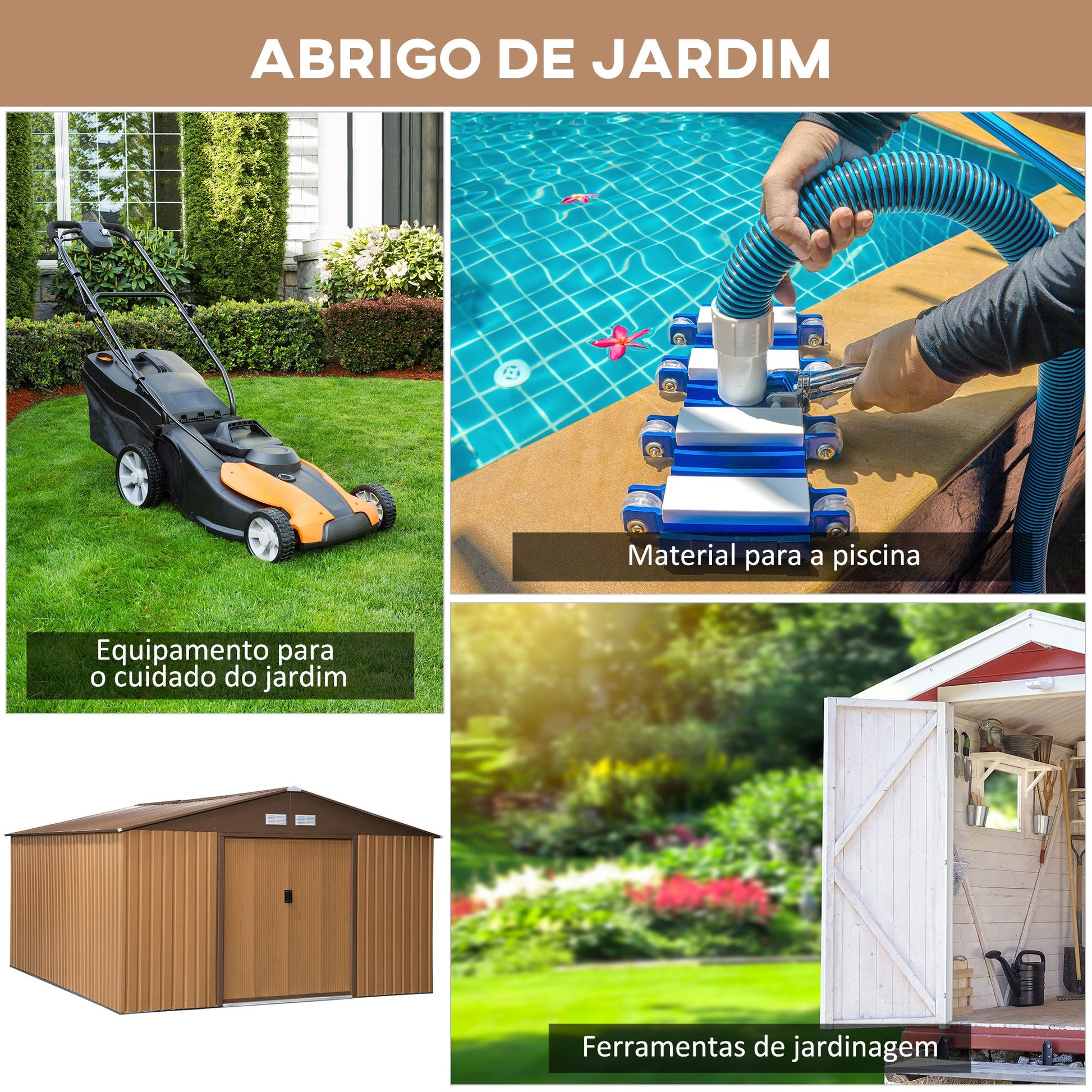 Abrigo de Jardim Metálico 340x386x200cm Abrigo de Exterior para Armazenamento de Ferramentas com Base de Reforço Incluida 4 Janelas de Ventilação e Porta Corredeira Marrom