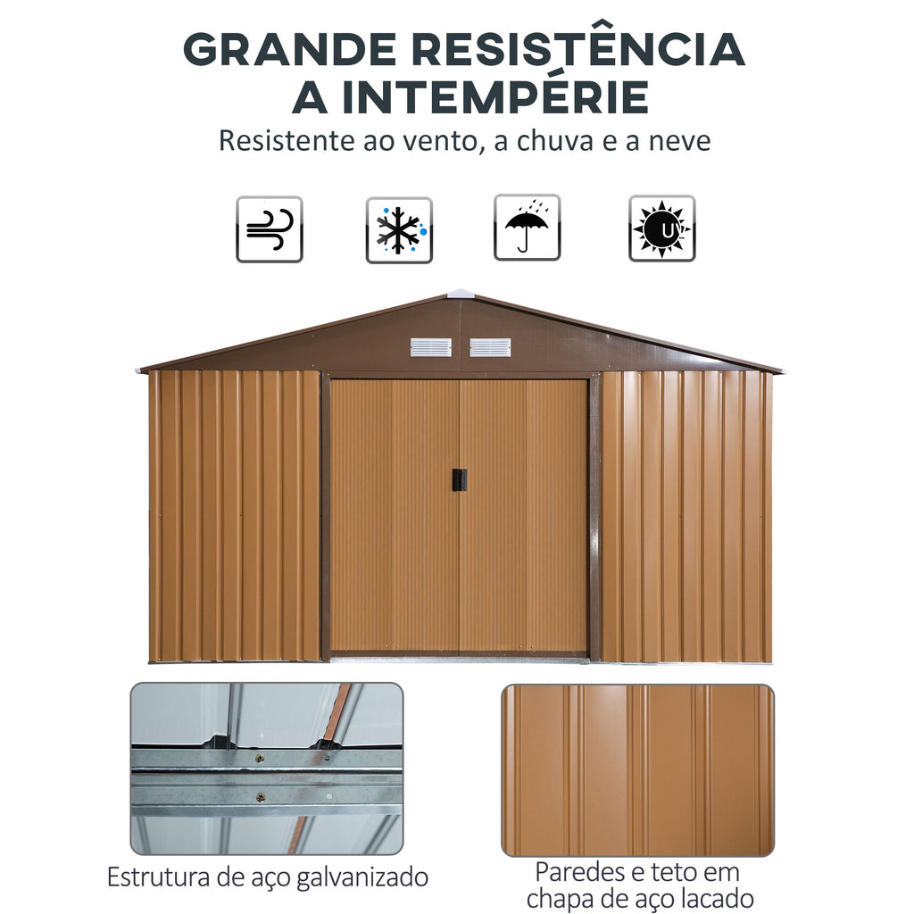 Abrigo de Jardim Metálico 340x386x200cm Abrigo de Exterior para Armazenamento de Ferramentas com Base de Reforço Incluida 4 Janelas de Ventilação e Porta Corredeira Marrom