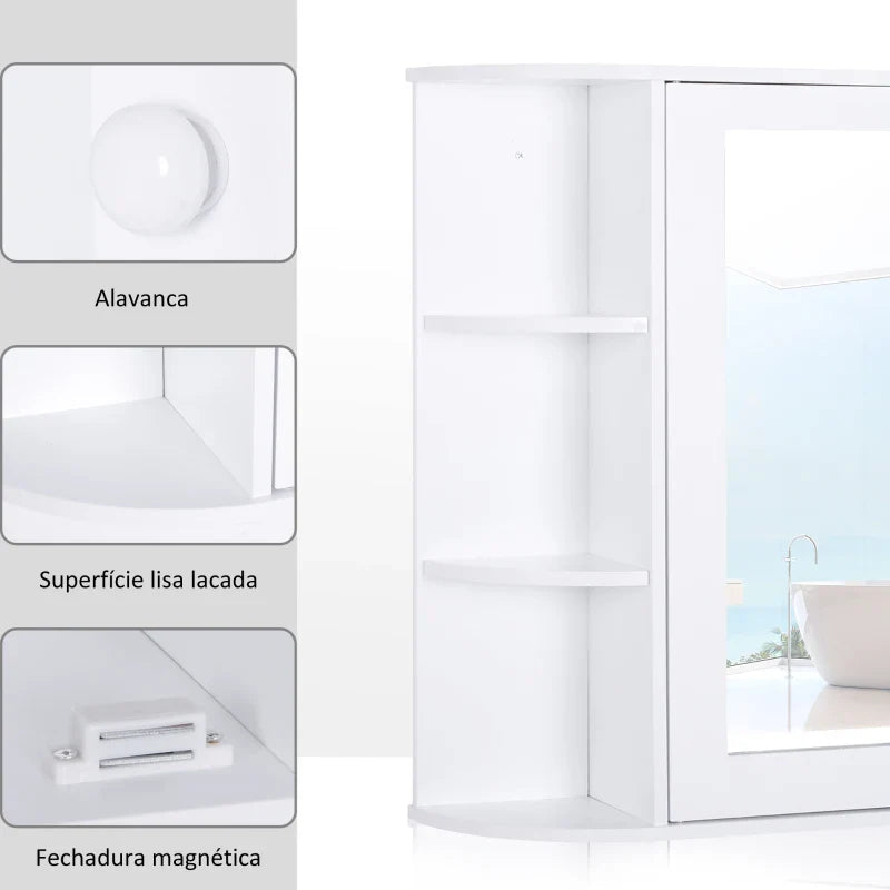 Armário de Casa de Banho com Espelho Móvel Suspenso de Casa de Banho com 1 Porta 2 Prateleiras Interiores e 6 Prateleiras Laterais para Sala de Estar Cozinha Dormitório 66x17x63cm Branco