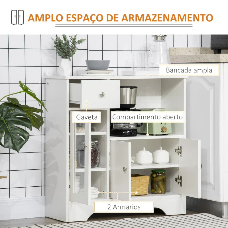 Aparador de Cozinha Moderno com Porta de Vidro Gaveta Prateleira Aberta e Prateleiras Ajustáveis Móvel Auxiliar de Armazenamento para Sala de Jantar Sala de Estar 80x30x82cm Branco