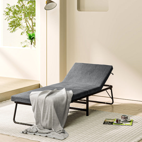 Cama Dobrável 70x180 cm com Colchão de Espuma Cama Dobrável com Encosto Ajustável em 5 Posições e Rodas Cama para Convidados Carga 120 kg Cinza
