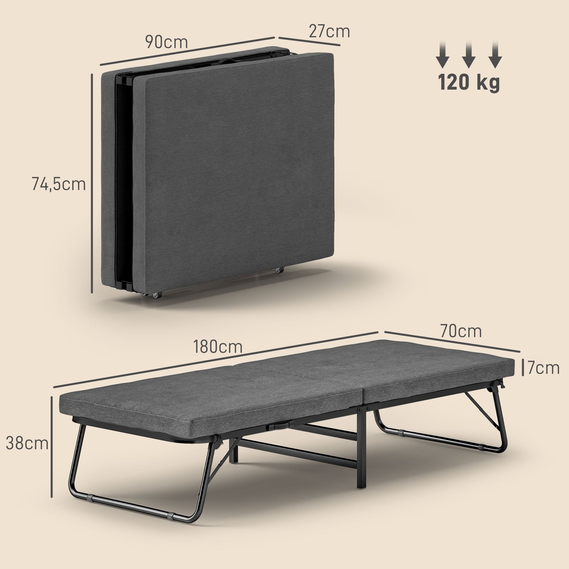 Cama Dobrável 70x180 cm com Colchão de Espuma Cama Dobrável com Encosto Ajustável em 5 Posições e Rodas Cama para Convidados Carga 120 kg Cinza