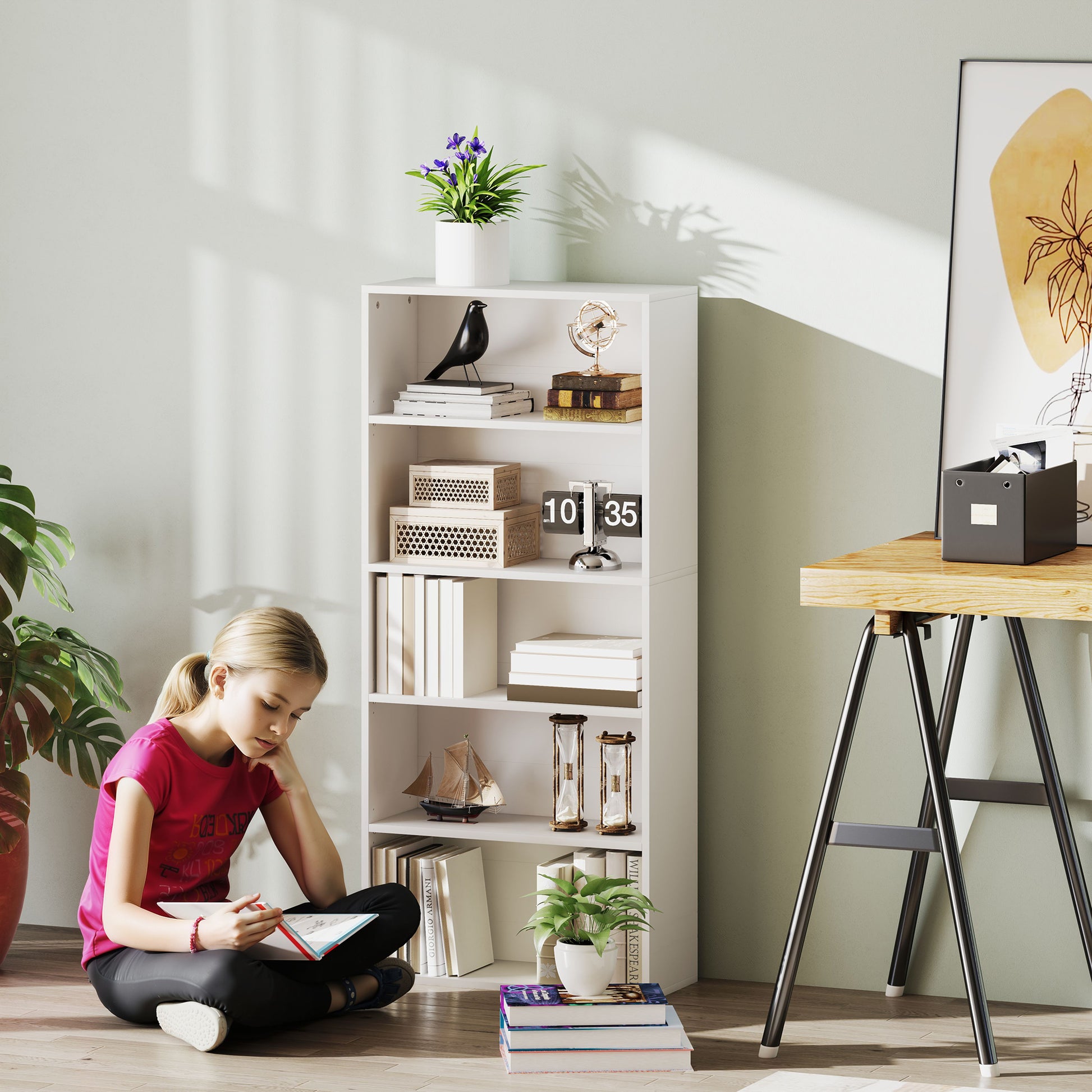 Estante de 5 Níveis Estante para Livros com 2 Prateleiras Ajustáveis para Sala de Estar Escritório Quarto 60x24x133,5 cm Branco