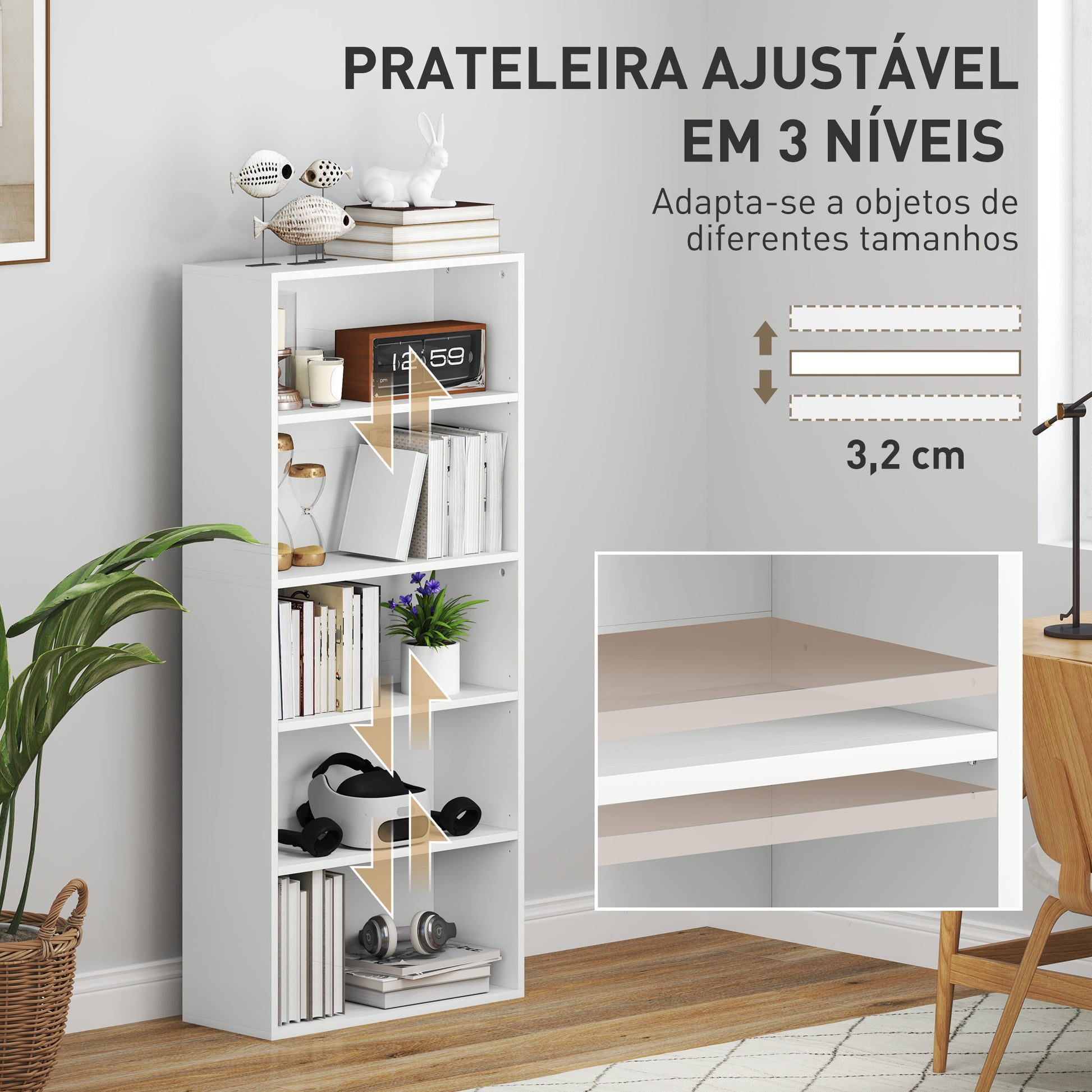 Estante de 5 Níveis Estante para Livros com 2 Prateleiras Ajustáveis para Sala de Estar Escritório Quarto 60x24x133,5 cm Branco