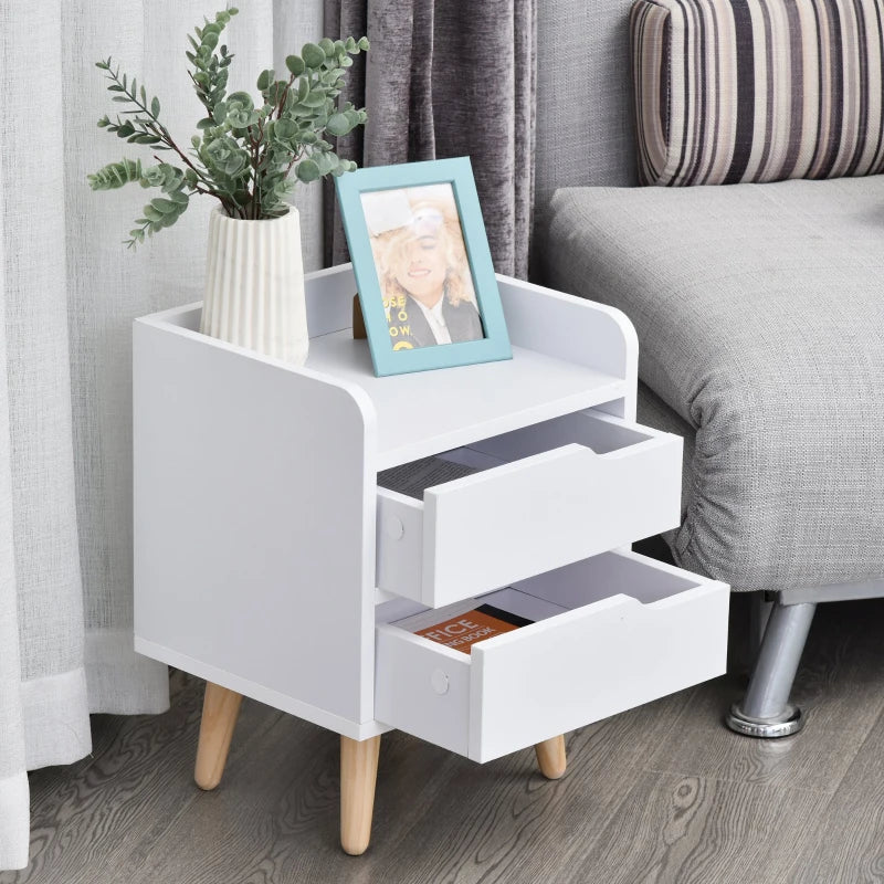 Mesa lateral de cabeceira multiuso para sala de estar ou quarto com 2 gavetas espaçosas Pernas de pinho elevado Design moderno 33x28x42cm Branco