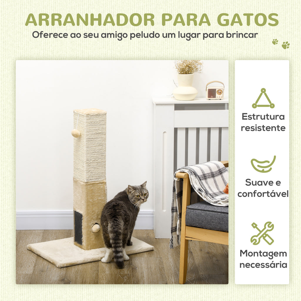 PawHut Poste Arranhador para Gatos 79 cm Arranhador para Gatos com Bola Suspensa e Poste de Juta 59,5x39x79 cm Creme e Bege