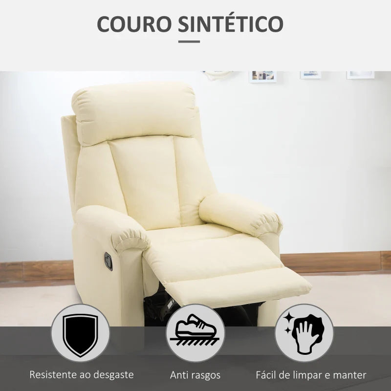 Poltrona Relax Reclinável Estofado em PU Poltrona de Sala de Estar com Apoio para os Pés Retrátil Encosto Alto Apoio para os Braços e Assento Acolchoado Grosso 80x97x107cm Bege