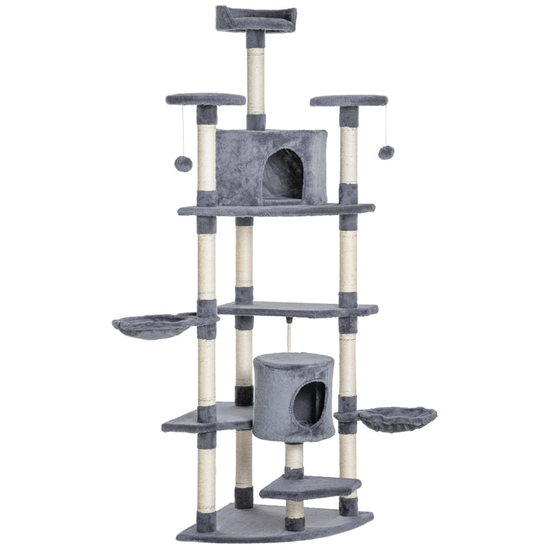 PawHut Árvore Arranhador para Gatos Grande 60x60x200cm com 2 Cavernas 2 Redes Cama Múltiplas Plataformas Postes Arranhadores de Sisal Natural e Bolas de Brinquedo Cinza