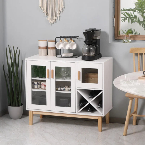 Aparador de Cozinha com 3 Portas de Vidro e Suporte para Garrafas em Forma de X para 4 Garrafas Móvel Buffet Auxiliar para Sala de Jantar Estilo Moderno Anti-Tombo 90x37x75cm Branco