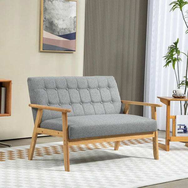 Sofá 2 Lugares Sofá Estofado em Linho com Apoio para os Braços de Madeira Encosto Acolchoado Carga 250 kg Poltrona para Sala de Estar Dormitório 114x75x76 cm Cinza Claro