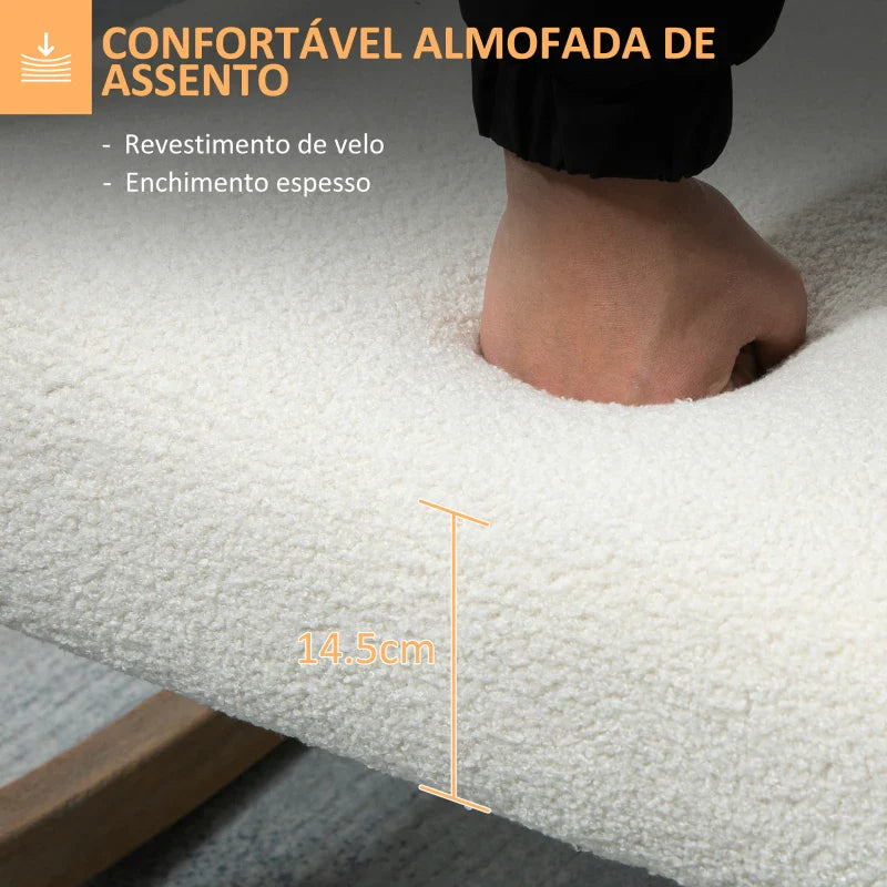 Poltrona Baloiço Estofada em Tecido Borreguito Poltrona Baloiço com Assento Acolchoado Apoio para os Braços e Pés de Madeira de Borracha para Sala de Estar Dormitório 60x81x71cm Creme