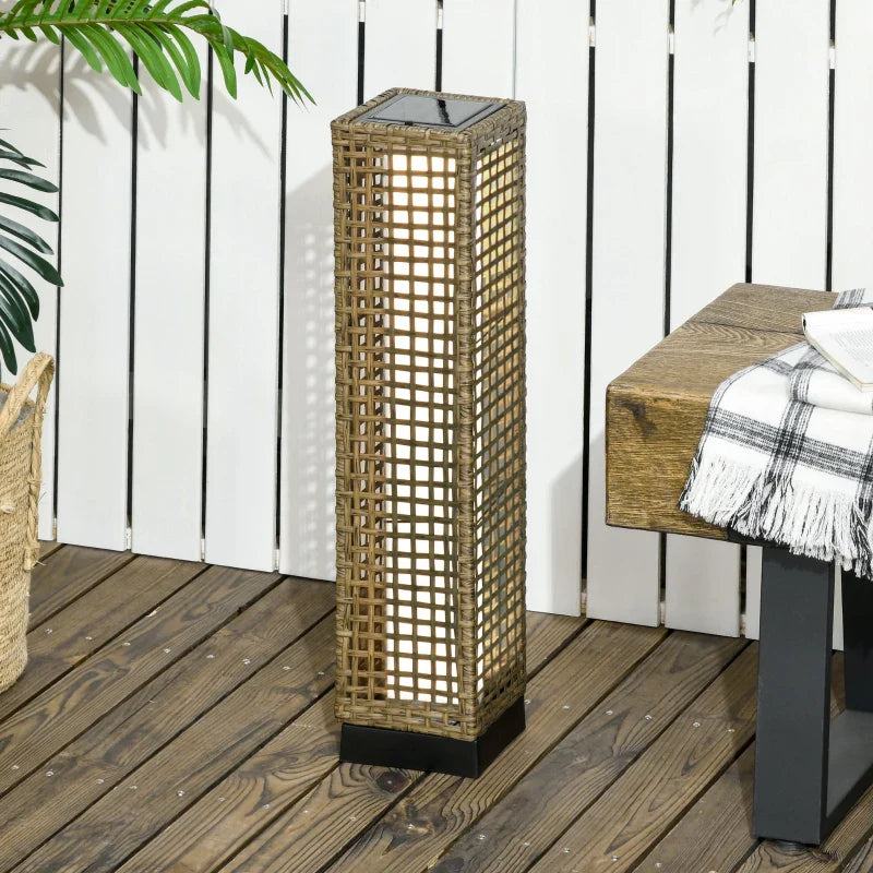Candeeiro de Jardim de Vime Sintético Candeeiro Solar de Exterior com Luzes LED Ligar/Desligar Automático para Varanda Pátio 15,5x15,5x69cm Marrom Areia