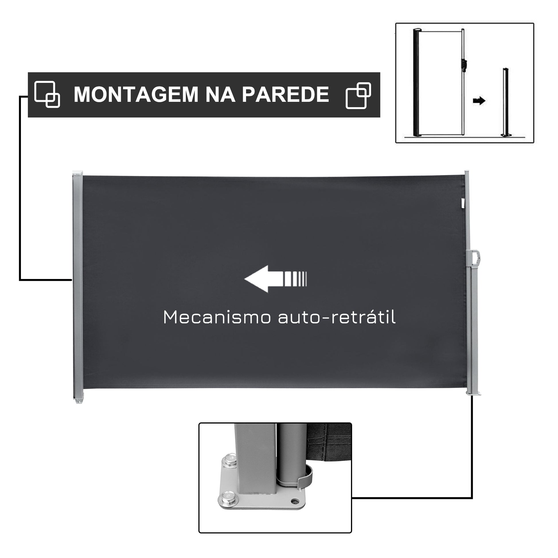 Toldo Lateral Retrátil para Terraço Pátio ou Jardim Toldo de Privacidade para Exterior Dobrável 300x180cm Cinza