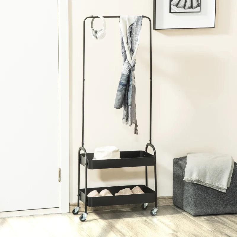 Charriot com Sapateiro Charriot com Rodas Barra de Pendurar e 2 Cestos para Entrada Dormitório Sala de Estar 56,5x31,5x152,5cm Preto