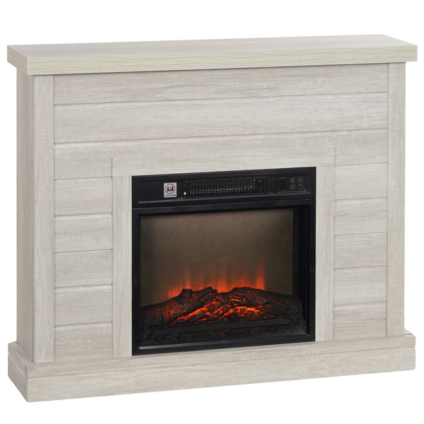 Lareira Elétrica 1800W Lareira Decorativa com Efeito de Chama Realista Controlo Remoto Temporizador Semanal Proteção Contra Sobreaquecimento para Ambientes de 30 m² 96,5x22x81,7 cm Madeira Clara