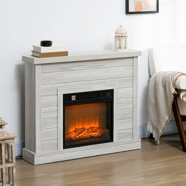 Lareira Elétrica 1800W Lareira Decorativa com Efeito de Chama Realista Controlo Remoto Temporizador Semanal Proteção Contra Sobreaquecimento para Ambientes de 30 m² 96,5x22x81,7 cm Madeira Clara