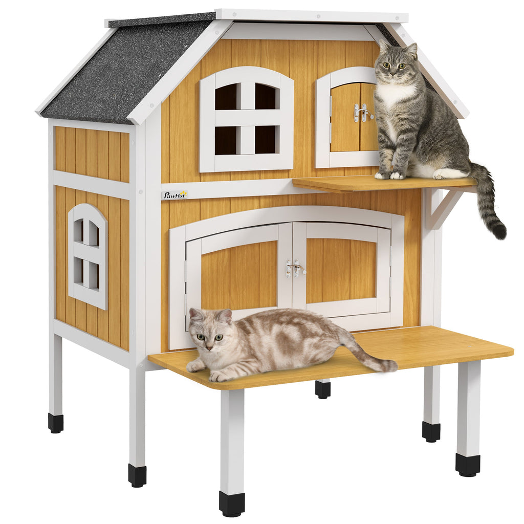 PawHut Casa para Gatos de Madeira 78x82x93 cm Casota para Gatos de 2 Níveis Abrigo para Gatos com Telhado Asfáltico Terraço e Plataforma de Salto Natural